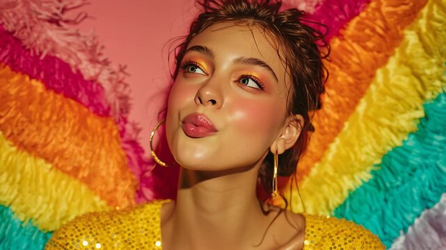 In a bright studio, a young glam strikes playful poses against a colorful feather backdrop. Her energy shines through each frame, showcasing bold makeup and stylish attire.