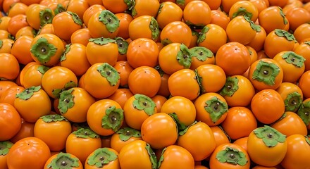 A close-up pile of ripe, orange fruits with green caps, displayed for sale