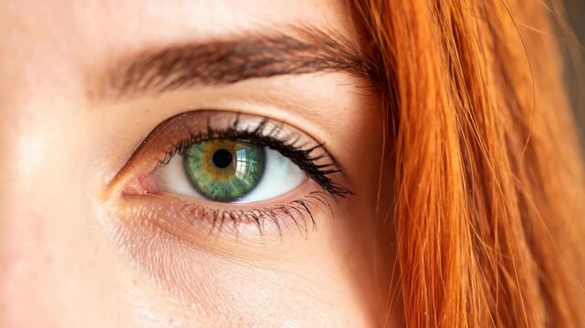 Close-up macro shot of a green and hazel human eye with vibrant orange hair