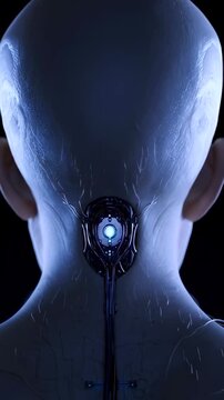 neural implant at nape of neck with glowing port and embedded circuitry, close rear view of scalp and connector, blue LED core, invasive biotech aesthetic and sterile clinical lighting
