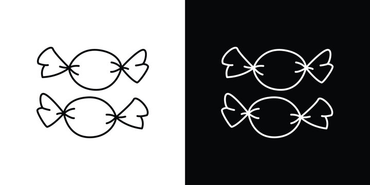 Single icon of two simple black and white line art illustrations of candies on contrasting backgrounds