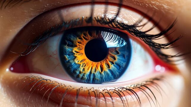 Extreme close-up macro shot of a human eye with a vibrant blue and orange iris and detailed eyelashes