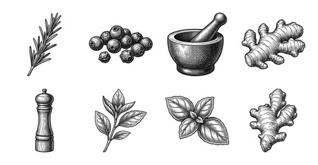 Culinary herbs and spices collection featuring hand drawn woodcut style illustrations of ginger rosemary basil and peppercorns with kitchen tools
