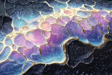 Fototapeta premium Oil Slick's Artistry: A close-up view reveals an oil slick's shimmering, iridescent surface, a testament to the unpredictable beauty found in nature's processes.