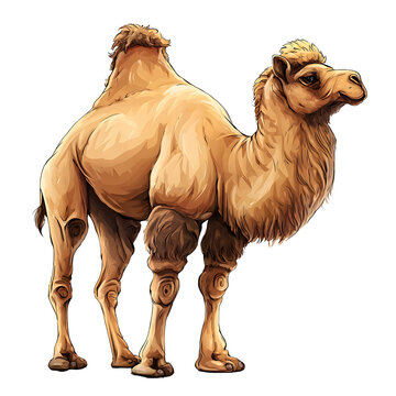 Detailed illustration of standing camel with humps and fur isolated on a white or transparent background