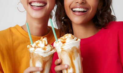 Extreme close-up focusing on their mouths and the tops of their elaborate, over-the-top iced coffee drinks
