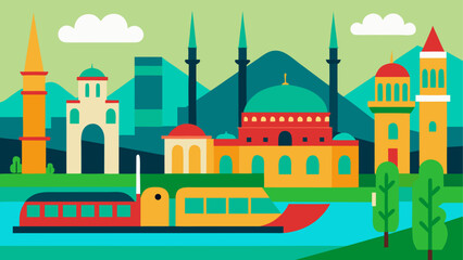 Cityscape with buildings and a river boat © ruposhi