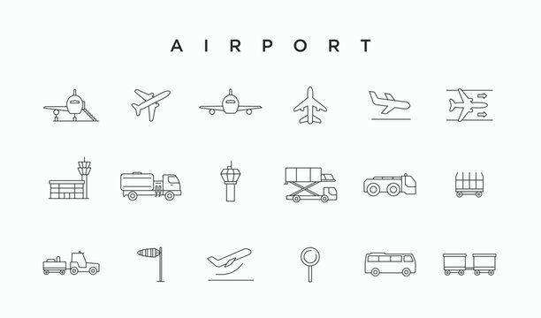 Airport related 18 icons set thin line editable stroke. Set of linear icons about commercial airplane travel trips isolated on white. Outline airport life and services symbol icon sign collections