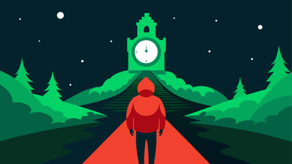 Naklejka premium Person walking towards a clock tower night