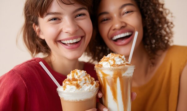 Extreme close-up focusing on their mouths and the tops of their elaborate, over-the-top iced coffee drinks