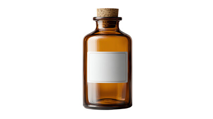 Glass bottle with cork top, empty label for customization, isolated on white background.