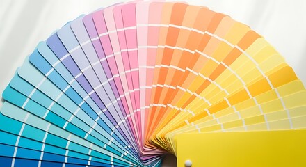 Obraz premium A fan of colorful paint swatches on a white background, displaying a range of hues