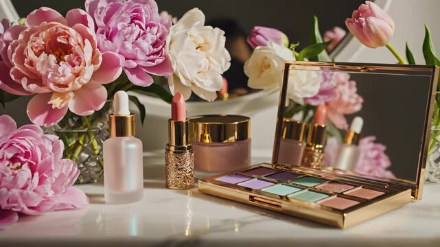 Elegant cosmetic products displayed with delicate flowers, featuring luxurious skincare and makeup items in soft, pastel shades. video