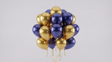 Elegant bouquet of helium balloons in metallic gold and dark blue, mix of round, star, and heart shapes, tied with golden curly ribbons, shiny reflective surfaces, festive celebratory arrangement.