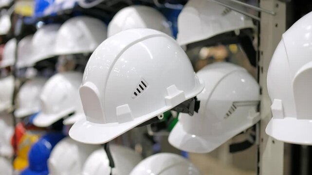 Row of white safety helmets displayed in a retail store