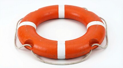 Bright orange life buoy with four evenly spaced white reflective bands, white rope threaded around circumference forming gripping loops, placed against clean white background, maritime safety equipmen