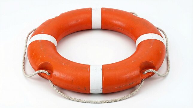 Bright orange life buoy with four evenly spaced white reflective bands, white rope threaded around circumference forming gripping loops, placed against clean white background, maritime safety equipmen