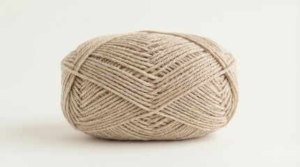 Oval-shaped ball of beige yarn, tightly wound with crisscross strands, soft textile texture, minimal clean background.