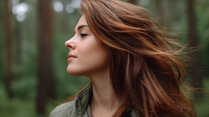Obraz premium A young woman with windblown brown hair in a serene forest setting profile view