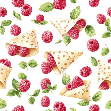 Watercolor seamless pattern of raspberry crepes, isolated on a white background, artistic and visually appealing. PNG