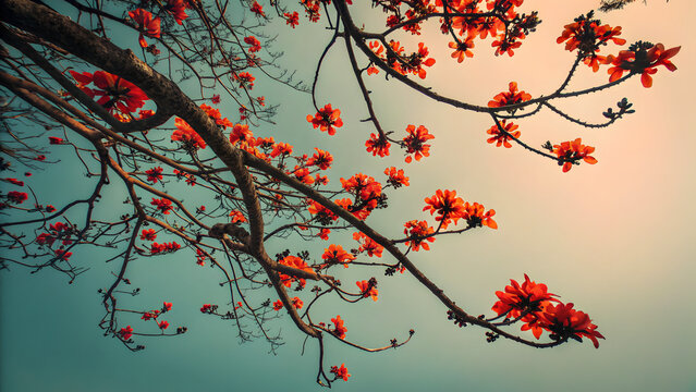 Vibrant Red Silk Cotton Tree Flowers Blooming Against Sky, Spring Nature