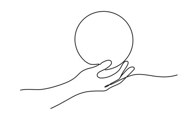Obraz premium Continuous line drawing of a hand holding a large circle representing global unity concept