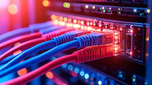 Close-up of network cables plugged into a server rack with blinking lights