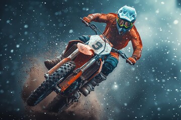 A person wearing protective gear rides an orange dirt bike, kicking up dirt and debris. AI.