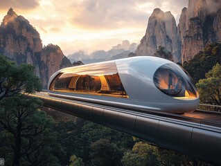 Sleek, futuristic train on elevated track surrounded by lush trees and towering mountains at sunset. AI.
