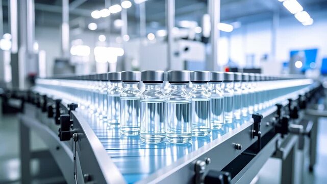 Automated production line with sterile pharmaceutical vials on a conveyor belt