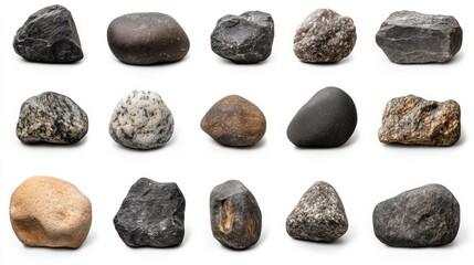 Fifteen rocks of various colors and textures are arranged on a white background. AI.