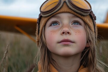 A child with freckles and blue eyes wears a hat and goggles, looking up next to an orange plane. AI.