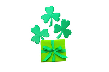 Naklejka premium Bright green gift box decorated with shamrocks rising, isolated, PNG