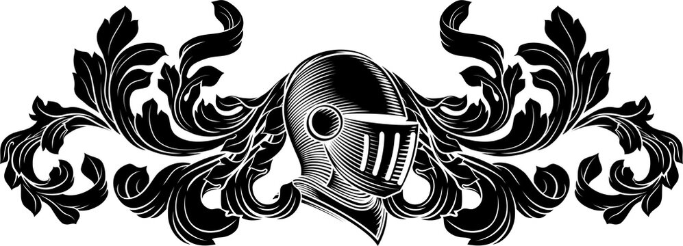 Coat of arms crest knight family medieval shield heraldry heraldic armorial motif. Featuring a knights helm helmet in a vintage etching engraving woodcut style 

