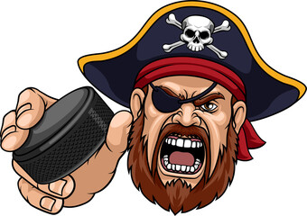 Fototapeta premium An angry Pirate cartoon character holding hockey puck ice hockey sports team mascot illustration.