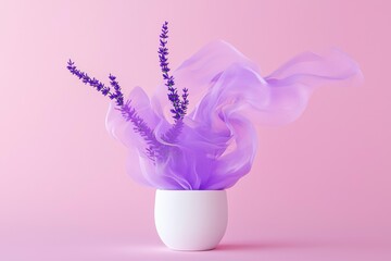 Purple flowers and sheer fabric emerge from a white vase on a pink backdrop. AI.