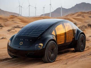A black car with solar panels on its roof sits in a sandy desert landscape with wind turbines in the distance. AI.