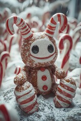 A creature with candy cane horns sits among more candy canes, dusted with white powder. AI.