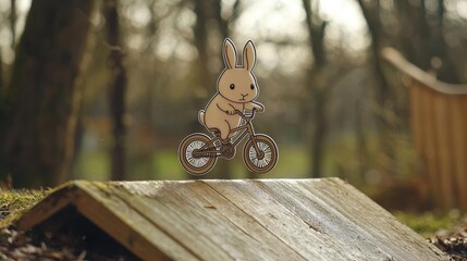 A cartoon bunny rides a bicycle, standing on a wooden surface. Trees are in the background. AI.