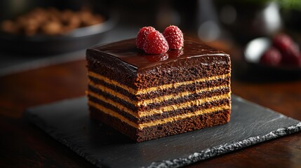 Chocolate layer cake with frosting and raspberries on a dark slate. AI.