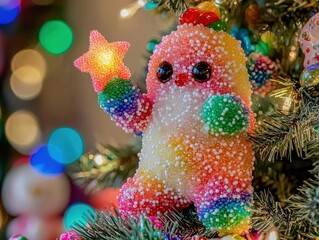 Colorful beaded ornament on a tree holds a star, lights in background. AI.