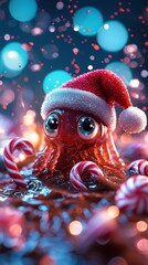 An octopus with big eyes wearing a Santa hat is surrounded by candy canes, and out-of-focus lights. AI.