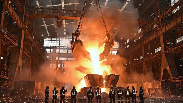 Powerful industrial scene showing molten steel pouring from a giant ladle. Ideal footage for illustrating metallurgy, manufacturing, or heavy industry processes.