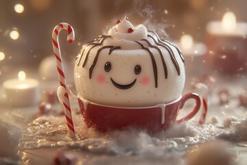 A cute, smiling, white food item with chocolate drizzle is in a red cup with a candy cane nearby. AI.