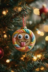 Cookie ornament with candy border hangs on a Christmas tree, tongue sticking out. AI.