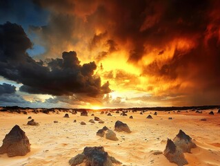 A sandy landscape with rock formations under a sky filled with colorful clouds during sunset. AI.
