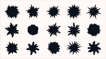Set of 15 starburst and explosive shapes in dark blue, perfect for dynamic graphic design elements