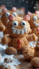 Cookie figures stand amid falling snow. The figures have candy eyes, teeth and decoration. AI.