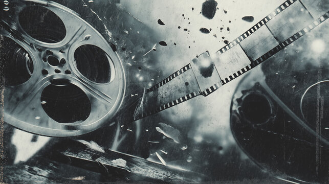 Distressed monochrome image of old film reels and celluloid strips. Suitable for cinema history articles, vintage film references, and artistic projects.