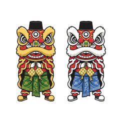 Two lion dances holding a bunch of ketupat, as a symbol of the simultaneous celebration of Chinese New Year and Ramadan.